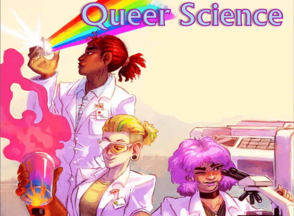 queer science poster of three students in white lab coats